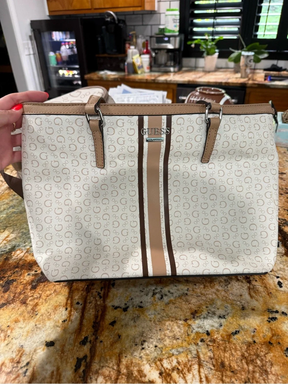 GUESS Cream and Tan Signature Stripe Tote
